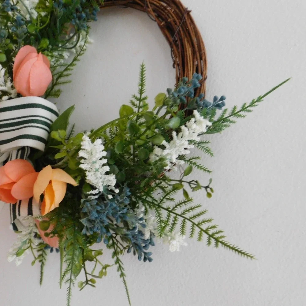 Artificial Spring Tulip Mini Greenry Wreath Berries Ferns‎ Housewarming Gift